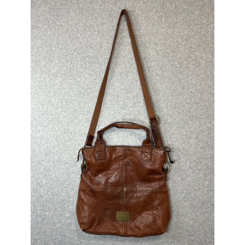 Fossil Long Live Vintage 1954 Brown Leather Crossbody Tote Satchel Key Charm